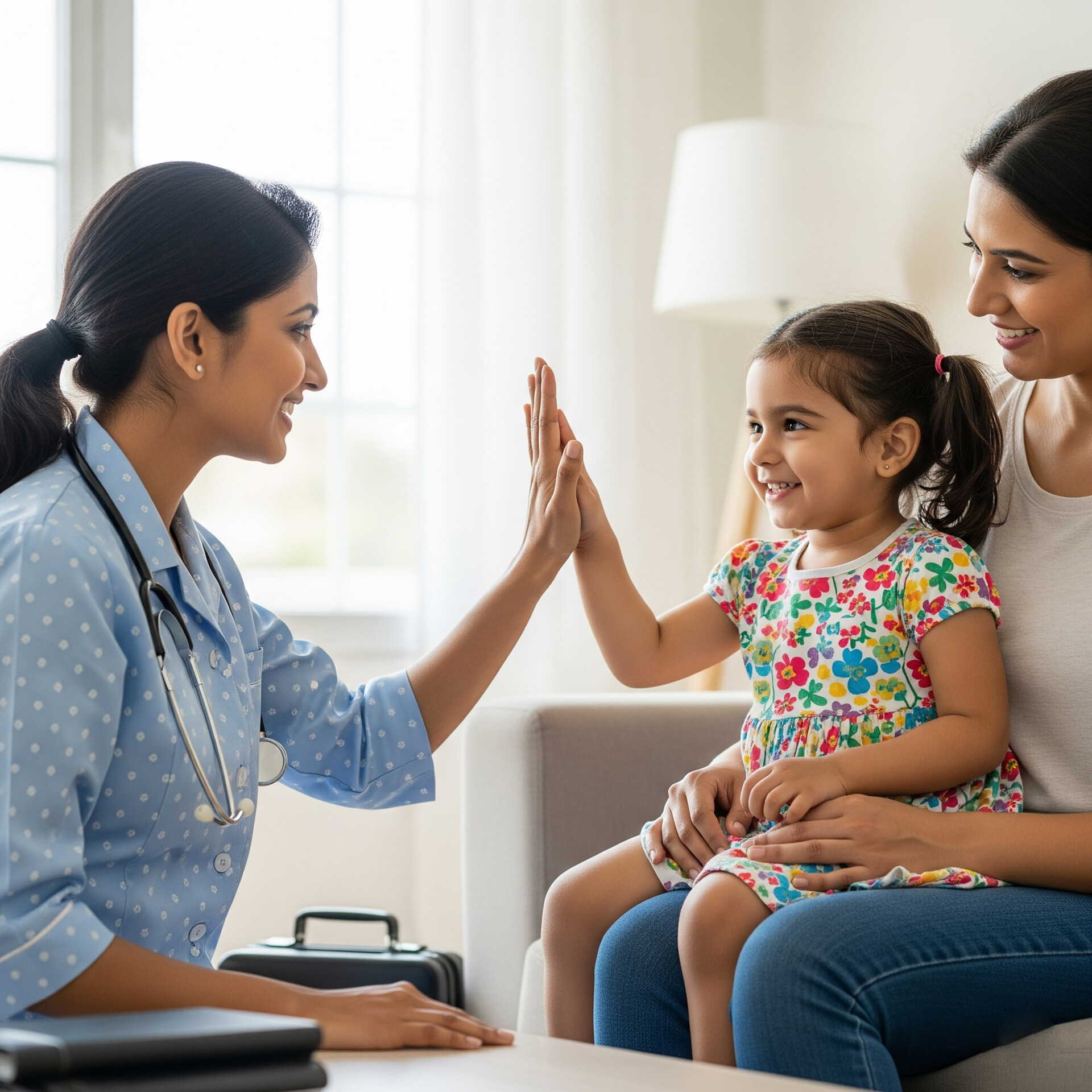Eine Ärztin, die einem lächelnden kleinen Mädchen, das auf dem Schoß seiner Mutter sitzt, fröhlich die Hand zum High-Five entgegenstreckt