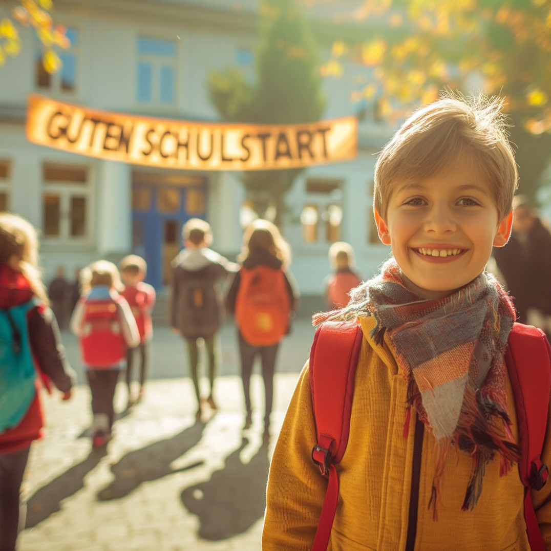 Ein fröhliches Schulkind mit Rucksack steht im Vordergrund, während im Hintergrund andere Kinder zur Schule gehen, wo ein Banner mit der Aufschrift „Guten Schulstart“ hängt